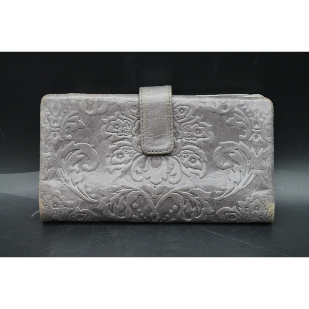 HOBO International Gray Leather Wallet Embossed Floral Bifold Snap Damask READ